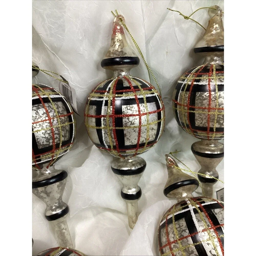 Mercury Glass Finial Christmas Plaid Ornaments X5 Black, Red, Gold & Silver 9